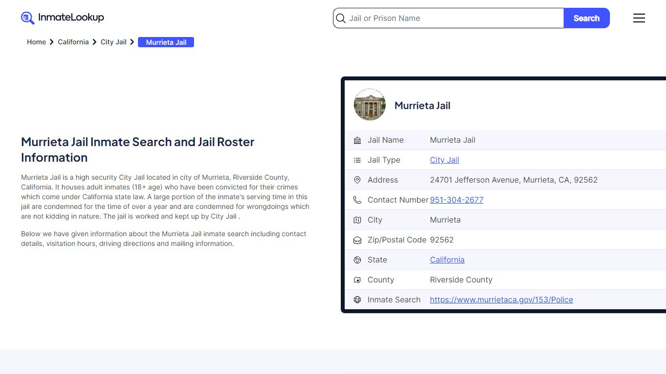 Murrieta Jail Inmate Search - Murrieta California - Inmate Lookup